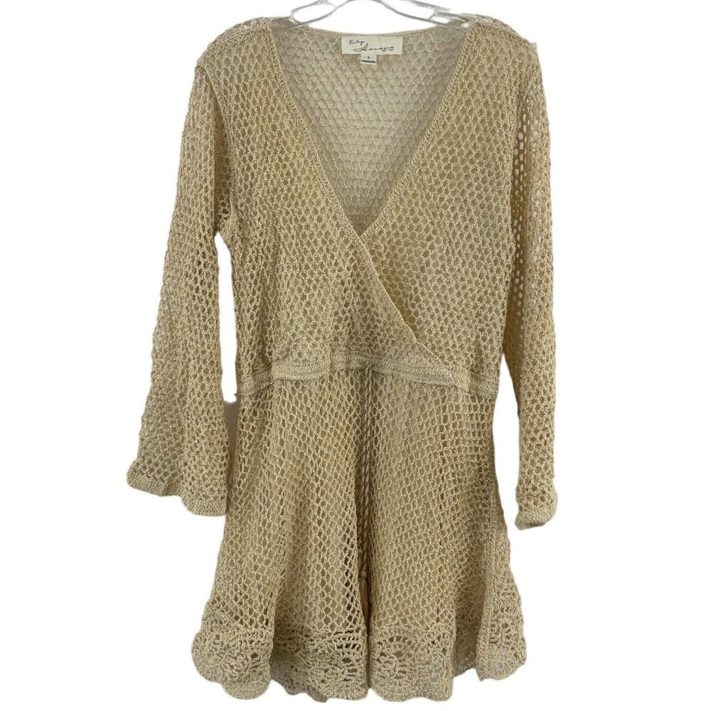 Vintage Havana~ Beige Gold Thread Knit Crochet Faux-Wrap Cotton Dress/Tunic~Lrg